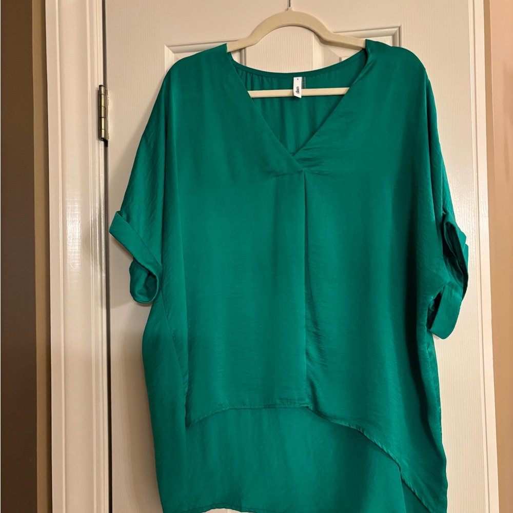 Glam Green Dolman Sleeve Blouse Asymmetrical Style